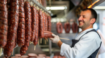 copy space, stockphoto, male butcher with many raw sausages hanging on hook in a refrigerated room. Consumation of meat. Fresh raw meat at the butcher. Preparation of sausage.