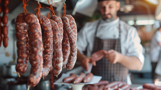 copy space, stockphoto, male butcher with many raw sausages hanging on hook in a refrigerated room. Consumation of meat. Fresh raw meat at the butcher. Preparation of sausage.