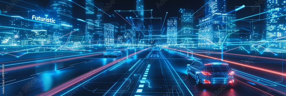 Aufkleber wide banner with copy space with futuristic vehicles on highway activated for transportation autonom