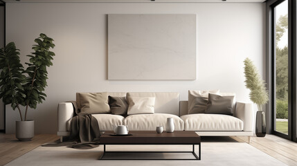 Fototapeta premium Stylish living room with a beige sofa and decorative plants