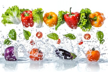 Seasonal fresh vegetables with water splashes on white background image