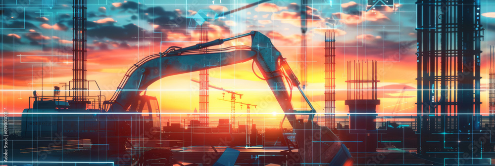 Poster Located on a construction site with infrastructure work or mining, this image shows a heavy machine excavator working at sunset for a contractor.