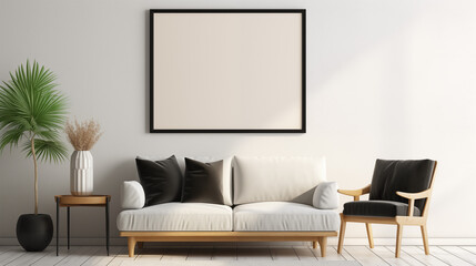 Elegant Living Room with White Sofa and Black Frame