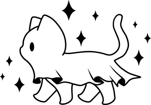 Line art  minimalistic ghost cat with sparks walking, silhouette of kitten