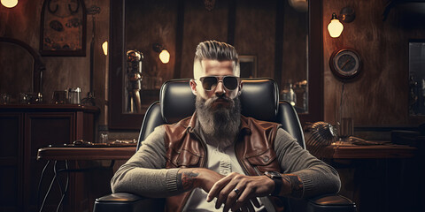 A stylish hipster sitting in a barber's chair at a barbershop.