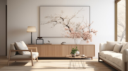 Modern Living Room with Cherry Blossom Branch Art