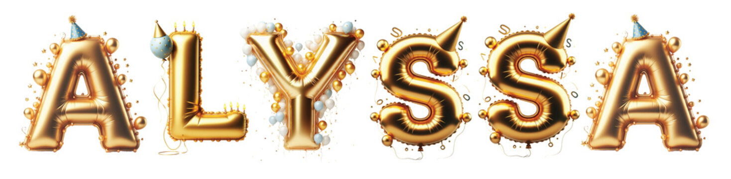 Alyssa Letters - Golden Balloon, 3D - Isolated on Transparent or White Background PNG - Best for Birthday Illustration Design	