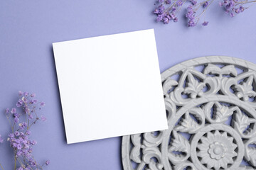 Square greeting card mockup with dry flowers decor, blank mock up with copy space for card design