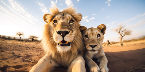 A close-up of two lions lying on desert ground, capturing their selfie moment during a beautiful sunset with a clear sky - Powered by Adobe