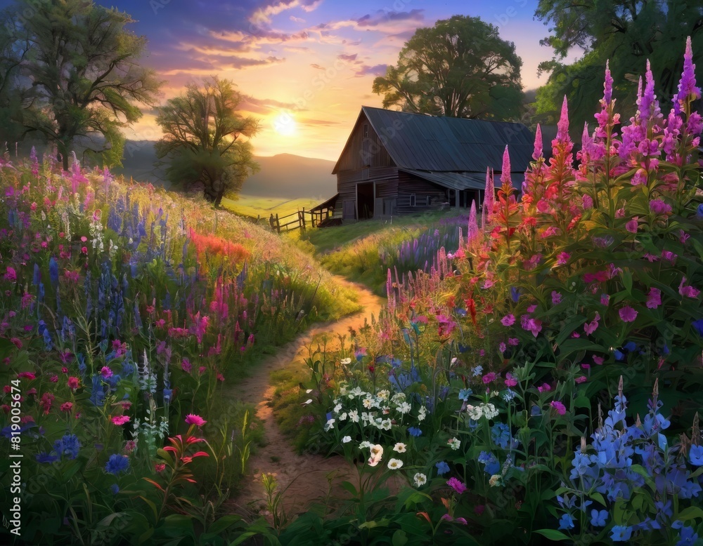 Poster a serene sunset scene with a rustic barn, where a winding path leads through a multicolored wildflow