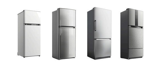 Four stainless steel and white refrigerators are showcased side by side, highlighting different designs and features against a plain white background