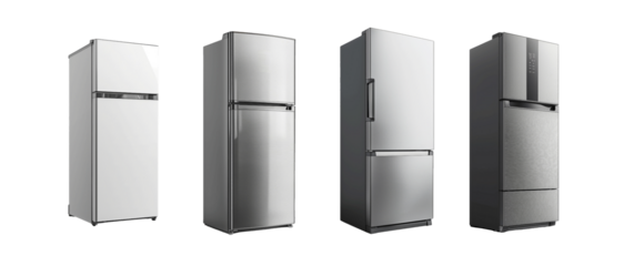 Four stainless steel and white refrigerators are showcased side by side, highlighting different designs and features against a plain white background