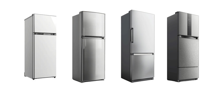 Four stainless steel and white refrigerators are showcased side by side, highlighting different designs and features against a plain white background