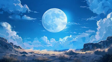 serene blue sky with large white moon tranquil night landscape digital painting