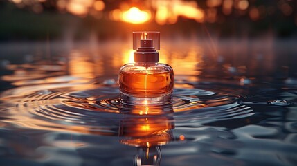 A perfume bottle is floating on the water, with a sunset in the background.