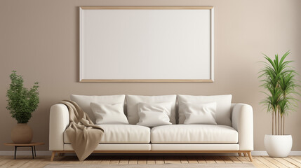 Elegant Living Room with Beige Sofa and Greenery