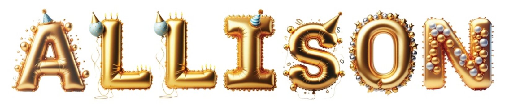 ALLISON Letters - Golden Balloon, 3D - Isolated on Transparent or White Background PNG - Best for Birthday Illustration Design	