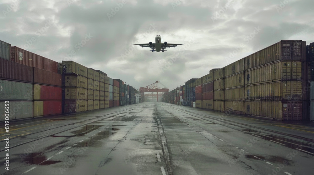 Poster a large cargo plane is flying over a large empty airport runway. the runway is surrounded by many la