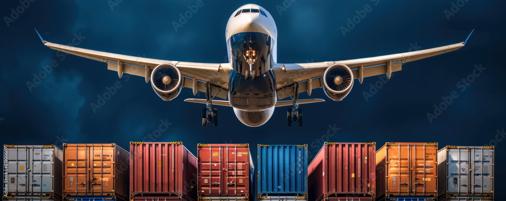 Poster a large airplane is flying over a large number of shipping containers. concept of movement and progr