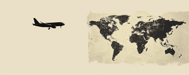 A black and white airplane flying over a map of the world. Concept of adventure and exploration, as the airplane represents travel