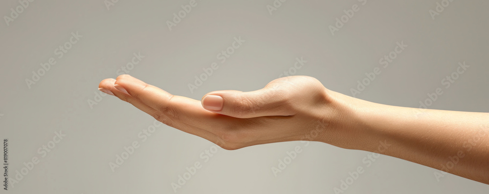 Poster a hand is shown in a picture with a white background. the hand is open and he is holding something. 