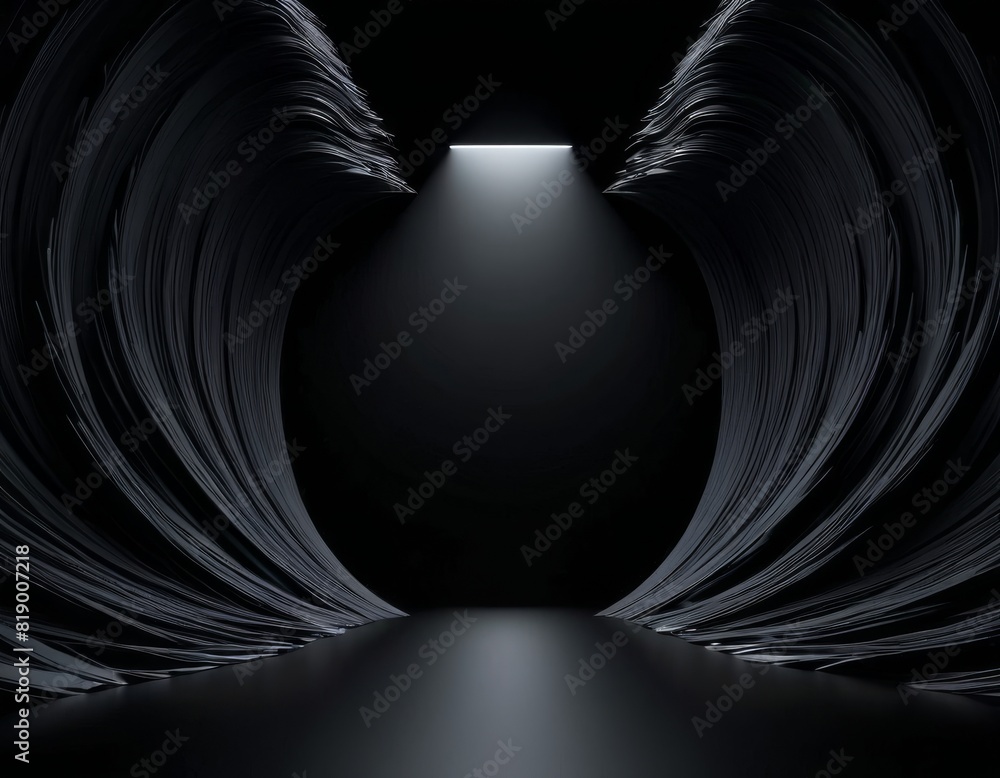 Poster Artistic rendering of black paper scrolls forming a heart shape, with a spotlight enhancing its silhouette.. AI Generation