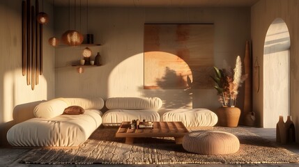 Nordic Elegance: Scandinavian Room with Warm Lighting and Long Shadows
