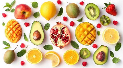 A variety of fruits and berries including apple, strawberry, pomegranate, mango, avocado, orange, lemon, kiwi, and peach, isolated on a white background, flat lay, top view