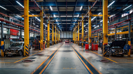Fototapeta premium Wide-angle view of a spacious, modern automotive manufacturing plant interior with vehicles in assembly.