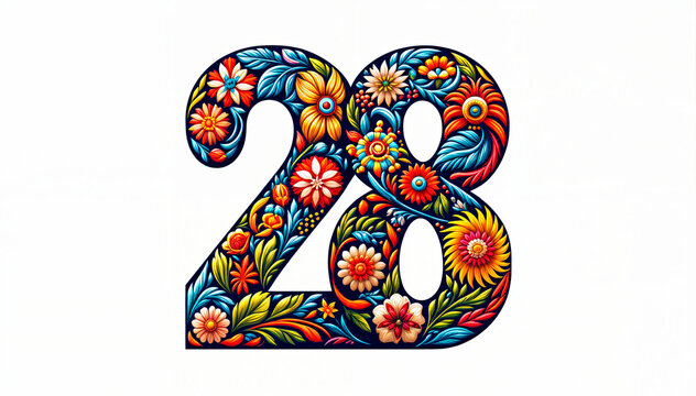 floral number 28 design with intricate patterns on a white background. Concept: celebration, milestone birthday, anniversaries. Ideal for event planners, greeting cards, marketing campaigns. 