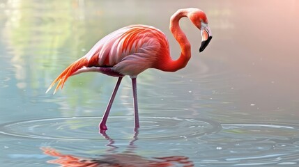 Obraz premium Portrait of a flamingo bird standing on the water focused on hunting fish