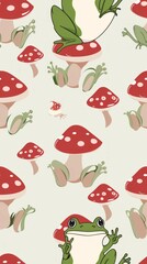 Seamless Cottage Core Style Pattern of a Cute Frog Sitting on a Mushroom