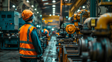 A factory worker in an orange hard hat attentively surveys a high-tech manufacturing line with industrial machinery.
