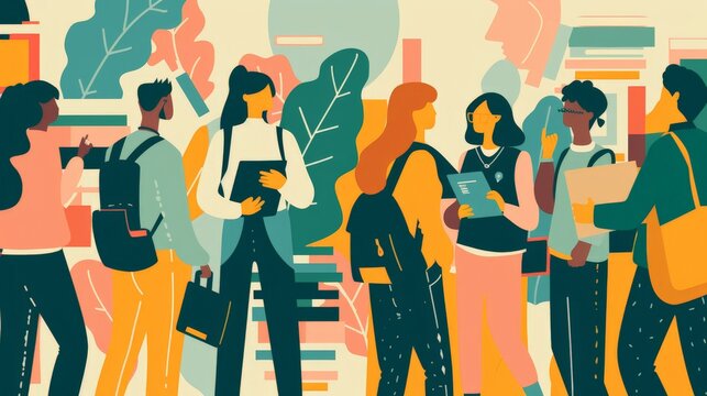 Flat design illustration of students participating in a school activity, highlighting academic life in a minimalist style