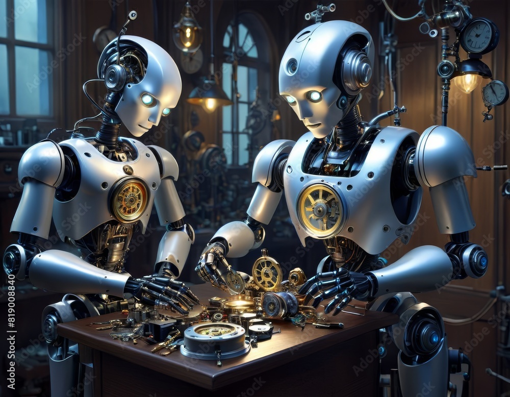 Poster two humanoid robots with gears and clockwork elements engage in precise mechanical assembly in a ste