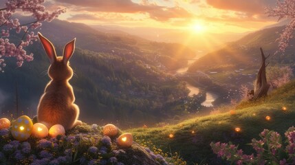 Big brown rabbit sitting under the tree at hill while looking at twilight sky with fantasy glowing lamp. Happy cute bunny watching sunset with orange sky and glowing light. Easter day. Hare. AIG42.