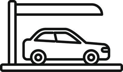 Simple black and white line art icon depicting a car parked under a protective shelter