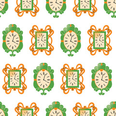 Seamless pattern with watches. Cartoon analog and modern timepieces. Digital interior chronometers. Retro alarm clock bright colors, modern design. Vector illustration isolated on background