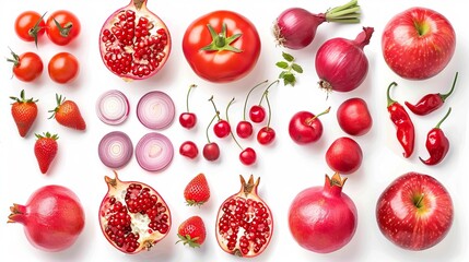 Collection of red fruits and vegetables, including pomegranate, tomato, apple, pomelo, radish, currant, plum, cherry, strawberry, raspberry, onion, and pepper, isolated on a white background, top view