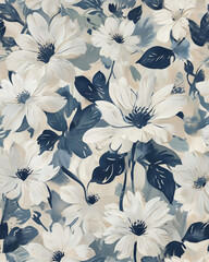 Retro Navy and White Matisse Style Floral Print Gen AI