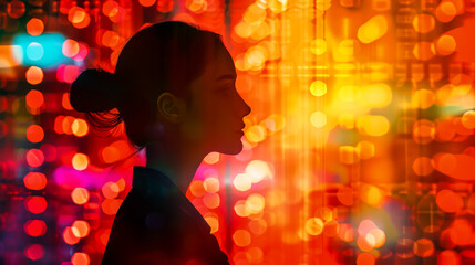 Silhouetted Woman Amidst Blurred Cityscape Lights and Digital Overlay at Night. Woman's silhouette is elegantly framed on vibrant backdrop of blurred city lights and digital data, modern urban life.