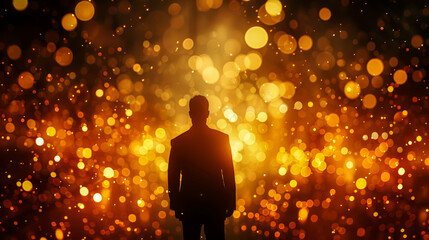 Silhouetted Man Amidst Blurred Cityscape Lights and Digital Overlay at Night. Man's silhouette is elegantly framed on vibrant backdrop of blurred city lights, essence modern urban life at night.