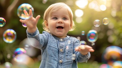 Fototapeta premium Baby boy trying to catch soap bubbles, playful backyard setting, colorful bubbles floating in the air, laughter and fun