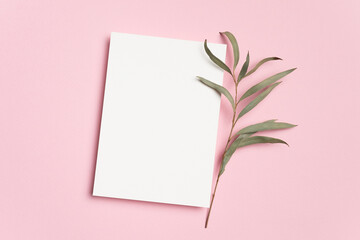 Wedding invitation card mockup with eucalyptus twig decor, blank mock up with copy space