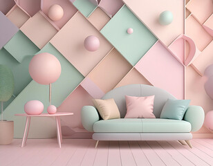 beautiful pastel color living room house interior with chairs and balloons decorating it generative ai