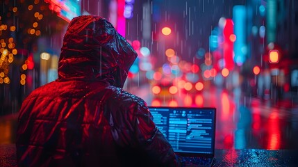 Obraz premium Mysterious Rainy Night in a Futuristic City with Glowing Neon Lights and Lone Figure Walking in the Urban Alley