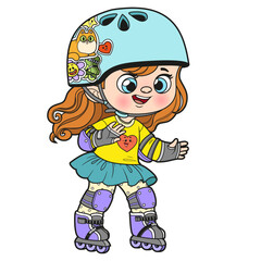 Cute cartoon girl in a helmet and wearing protective gear on roller skates forward on white background