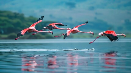 Pink flamingos in flight, their reflections mirrored in the water below.