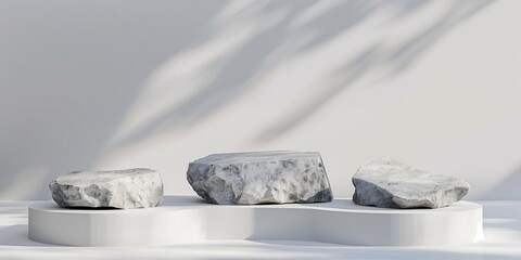 White background three stone podiums of different heights made from natural light gray rocks front view mockup style 3D rendering minimalism high resolution photography studio lighting soft shadows