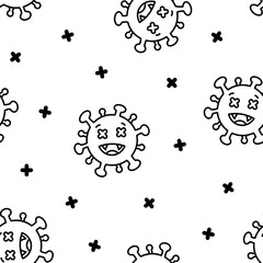 Viruses kawaii. Seamless pattern. Coloring Page. Cute cartoon characters of bacterial infection and microbe. Hand drawn style. Vector drawing. Design ornaments.